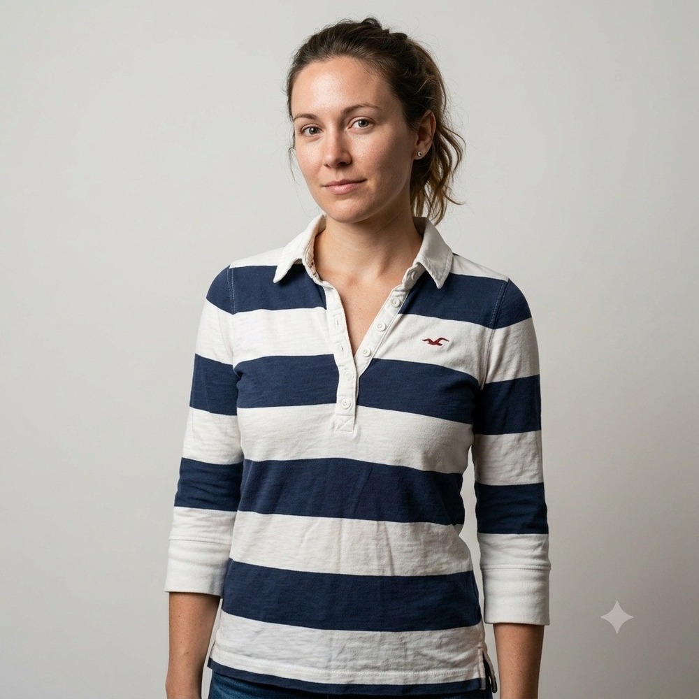 Hollister Womens Blue White Striped 3/4 Sleeve Rugby Polo Shirt Size L